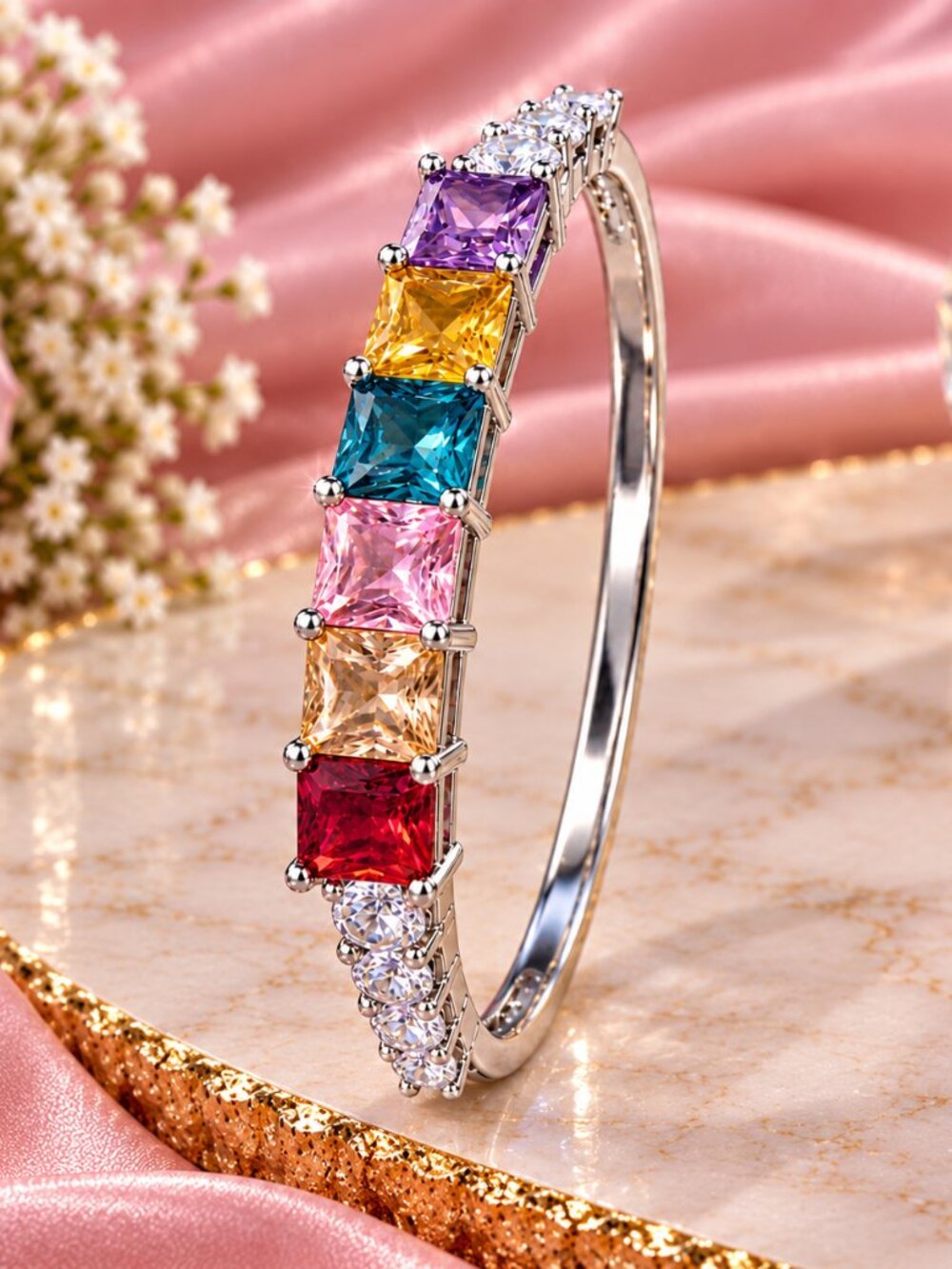 Vibrant multicolored princess-cut gemstones silver bangle.